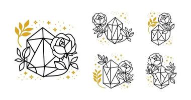 Hand drawn magical crystal logo element with botanical leaf and stars vector