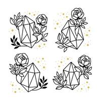 Set of hand drawn magical crystal elements with rose flower, leaf branch vector