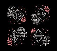 Set of hand drawn magical crystal elements with rose flower, leaf branch vector