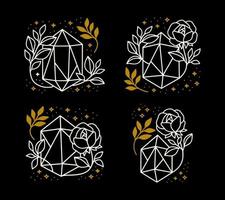 Set of hand drawn magical crystal elements with rose flower, leaf branch vector