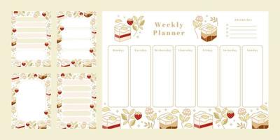 Set of weekly planner, daily to do list, notepad templates, school scheduler with hand drawn cake, floral, and strawberry elements vector