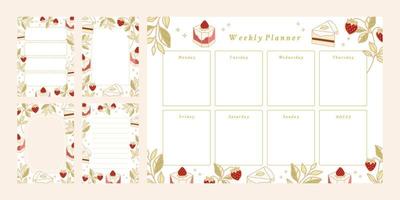 Set of weekly planner, daily to do list, notepad templates, school scheduler with hand drawn cake, floral, and strawberry elements vector