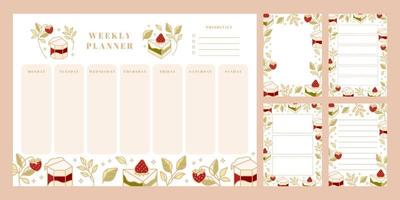 conjunto de planificador semanal, lista de tareas diarias, plantillas de bloc de notas, planificador escolar con elementos de pastel, florales y fresas dibujados a mano vector