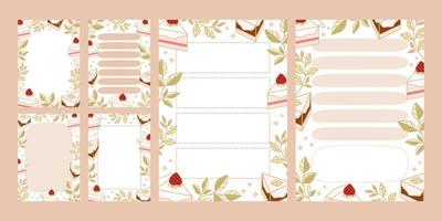 Set of weekly planner, daily to do list, notepad templates, school scheduler with hand drawn cake, floral, and strawberry elements vector