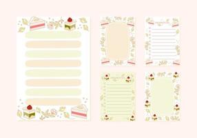 Collection of daily or weekly planner, note paper, to do list, wishlist, organizer templates decorated with cute strawberry cake illustrations vector