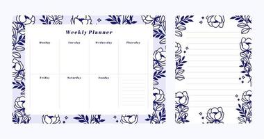 conjunto de planificador semanal floral y plantilla de bloc de notas de lista de tareas vector