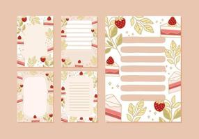 colección de planificador diario, planificador semanal, papel de notas, lista de tareas pendientes, lista de deseos, plantillas de organizador decoradas con lindas ilustraciones de fresas y pasteles vector