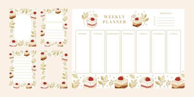 Set of weekly planner, daily to do list, notepad templates, school scheduler with hand drawn cake, floral, and strawberry elements vector