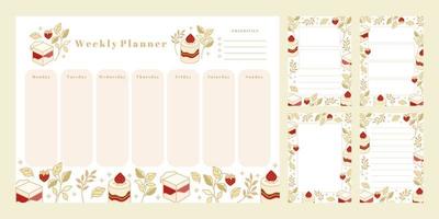 Set of weekly planner, daily to do list, notepad templates, school scheduler with hand drawn cake, floral, and strawberry elements vector