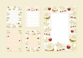 Collection of daily or weekly planner, note paper, to do list, wishlist, organizer templates decorated with cute strawberry cake illustrations vector