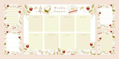 Set of weekly planner, daily to do list, notepad templates, school scheduler with hand drawn cake, floral, and strawberry elements vector