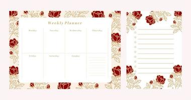 conjunto de planificador semanal floral y plantilla de bloc de notas de lista de tareas vector