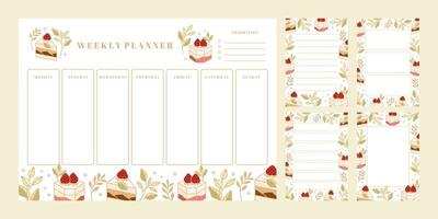 conjunto de planificador semanal, lista de tareas diarias, plantillas de bloc de notas, planificador escolar con elementos de pastel, florales y fresas dibujados a mano vector