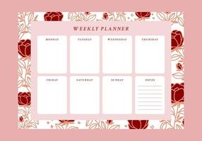 conjunto de planificador semanal floral y plantilla de bloc de notas de lista de tareas vector