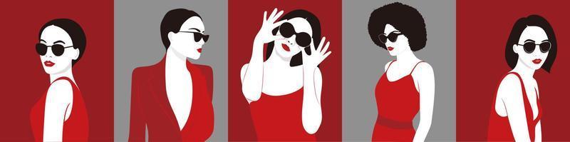 Hand drawn Fashion Women in Sunglasses illustration Vector set