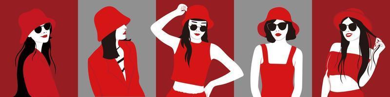 Hand drawn Fashion woman wearing hat and sunglasses illustration Vector