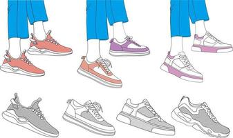 Hand draw sneakers Shoes sport shoes ornament set vector