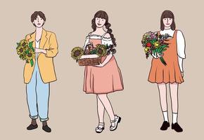 Hand draw female holding bouquet flowers set vector