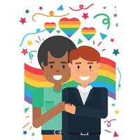 Two diverse gay partners embrace, homosexual love vector