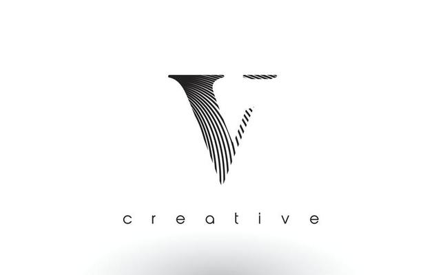 V Logo Design With Multiple Lines and Black and White Colors.
