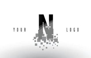 Logotipo de letra n pixel con cuadrados negros rotos digitales vector