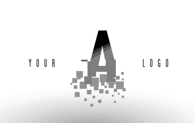 A Pixel Letter Logo with Digital Shattered Black Squares
