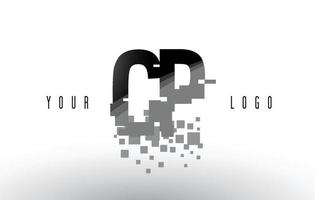 Logotipo de letra cp cp pixel con cuadrados negros rotos digitales vector