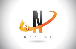 N Letter Logo with Fire Flames Design and Orange Swoosh. vector