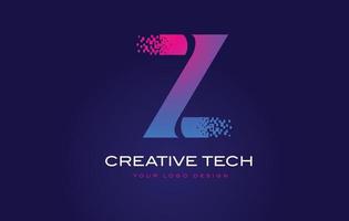 Diseño de logotipo de letra inicial z con píxeles digitales en colores azul violeta. vector