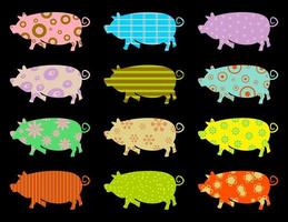 colección de cerdos de granja de silueta estampada vector