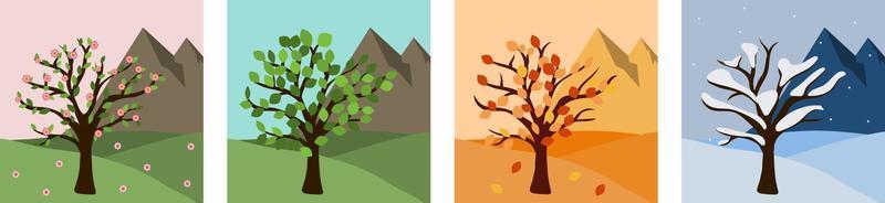 Season tree icons for travel website. Season graphic design flat vector illustration. Square park environment with mountains and tree in summer, spring, winter, autumn, fall.