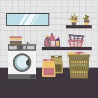 Purple small laundry room interior. Washing powder and detergents storage on shelves near window vector
