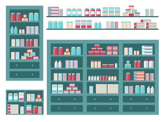 Pharmacy shelves with medical medicines. Cartoon. Vector illustration  6685039 Vector Art at Vecteezy