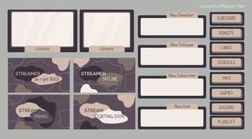 Twitch stream overlay with screen, panel, button elements in purple and brown. UI background for online cybersport player background vector