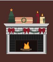 Chimenea navideña con regalos y velas. decoración interior lazo rojo. vector