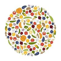 Circle logo with vegetables. Illustration tomato, pumpkin, eggplant. Organic ingredient isolated set vector