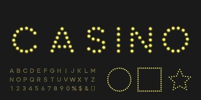 Gold shining marquee alphabet with numbers and warm light. Vintage illuminated letters for text logo or sale banner