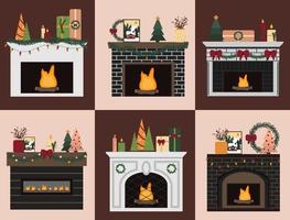 Set of 6 fireplaces decorated for Christmas. Interior design for winter hearth with garland, tree, candle and berries. vector