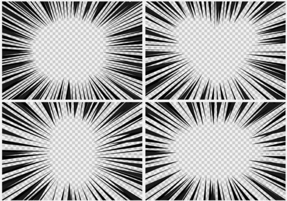 Collection of circle, heart and oval comic frames. Set of transparent manga speed line effect.