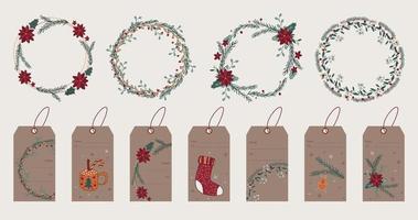 Collection of Merry Christmas wreath and hang tags for greeting card, wedding invitation or banner design. Winter holiday elements with spruce, poinsettia, Santa deer and sock vector