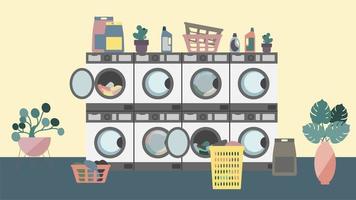 Laundry service with washing machines, baskets and detergents vector