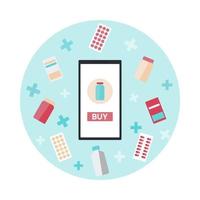 icono de entrega de farmacia de teléfono en línea. droguería en el móvil para comprar antibióticos, pastilla, vitamina o jarabe. concepto de cuidado de la salud para el escaparate del sitio web. vector