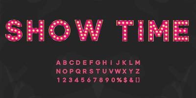 Mostrar tiempo de color rosa brillante alfabeto de marquesina con números y luz cálida. letras iluminadas vintage para logotipo de texto o banner de venta vector