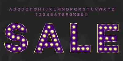 Purple 2021 sale vintage text with alphabet and numbers. Neon violet letters typeface for retro party or event signboard.
