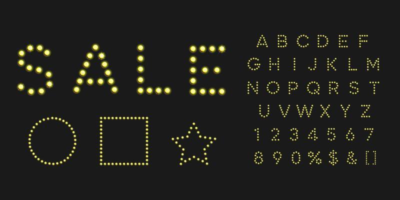 Gold vintage alphabet with bulb and cold light. Numbers and symbols font with frames