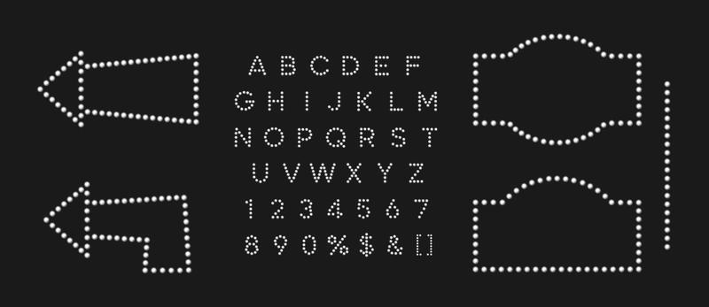 Shiny signboard and arrow for autumn fall sale banner. Marque alphabet for night club logo or event badge.