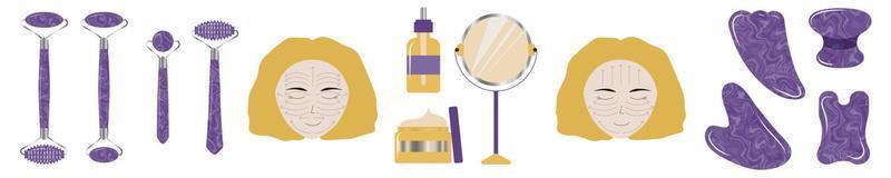 Gemstone skin care at home with amethyst facial roller, gua sha and oil. vector
