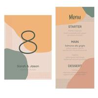 Wedding menu 4x9 inch and table number 5x7 inch design for boho wedding. Abstract modern layout for holiday birthday celebration vector