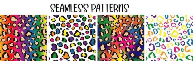 conjunto de patrones sin fisuras de arco iris con estampado de leopardo. orgullo colorido papel tapiz. fondo degradado brillante guepardo vector
