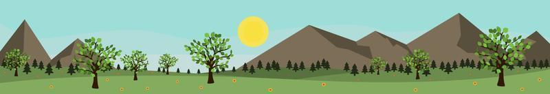 Banner de paisaje de verano con montañas para sitio web de camping. Fondo de entorno de naturaleza salvaje con cielo azul, hojas verdes en el árbol. ilustración vectorial vector